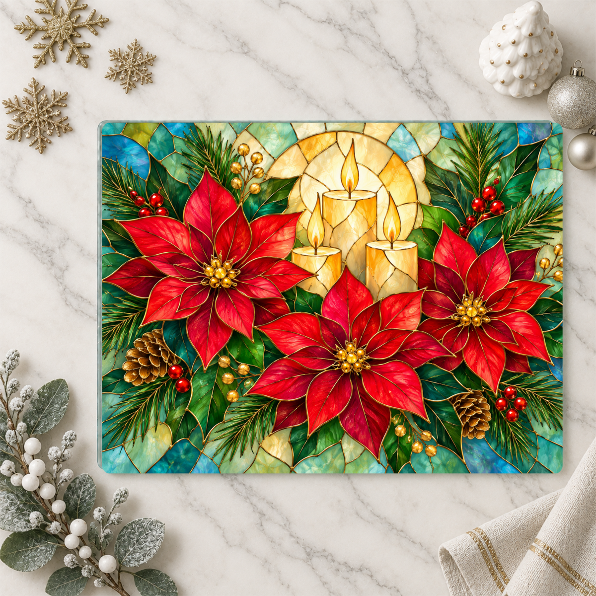 Christmas Poinsettia Glass Cutting Board, Holiday Candle Kitchen Decor, Tempered Chopping Board, Festive Winter Kitchen Gift Idea