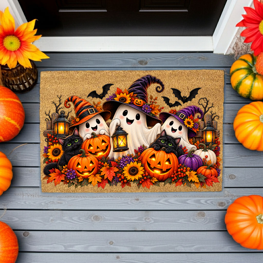 Halloween Ghost Doormat, Black Cat & Pumpkin Coir Mat, Cute Spooky Welcome Mat, Witch Ghost Fall Porch Decor, Halloween Door Mat