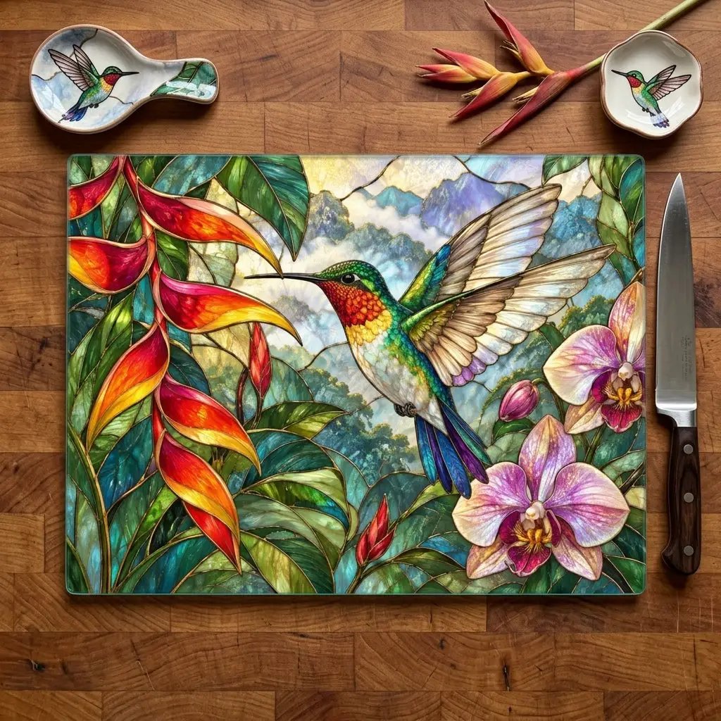 Hummingbird Cutting Board, Stained Glass Bird Decor, Tropical Orchid Kitchen Decor, Floral Hummingbird Gift, Nature Lover Gift