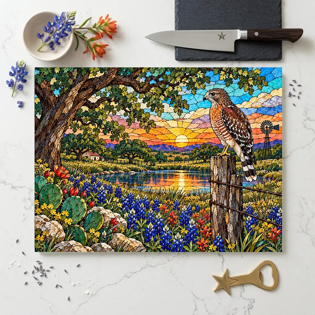 Red Shouldered Hawk Glass Cutting Board, Texas Wildlife Kitchen Decor, Bluebonnet Hawk Art, Bird Lover Gift, Rustic Texas Gift