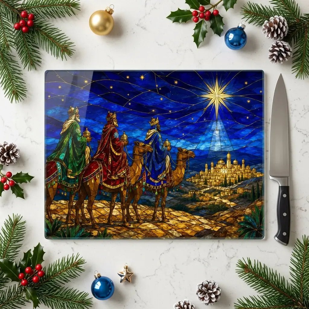 Three Wise Men Glass Cutting Board, Christian Christmas Gift, Magi Star of Bethlehem Decor, Religious Christmas, Stained Glass Art