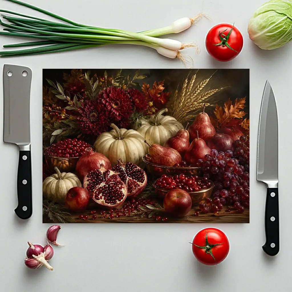Pomegranate Glass Cutting Board, White Pumpkin Fall Kitchen Decor, Elegant Autumn Cutting Board, Harvest Kitchen Gift