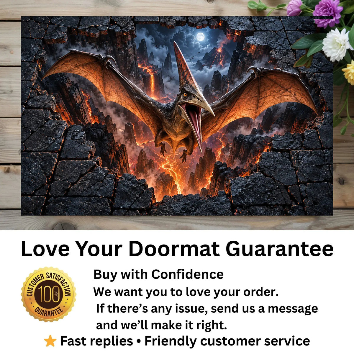 Pterodactyl 3D Optical Illusion Doormat, Volcanic Chasm Dinosaur Floor Mat, Prehistoric Flying Reptile Door Mat, Dino Gift