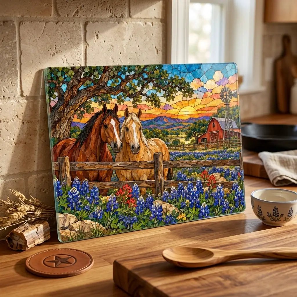 Bluebonnet Ranch Glass Cutting Board, Texas Horse Kitchen Decor, Bluebonnet Gift, Western Ranch Decor, Stained Glass Style Cutting Board