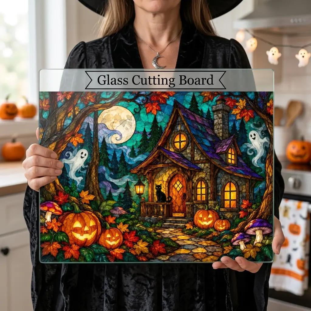 Halloween Haunted House Personalized Glass Cutting Board, Spooky Cottage Glass Kitchen Decor