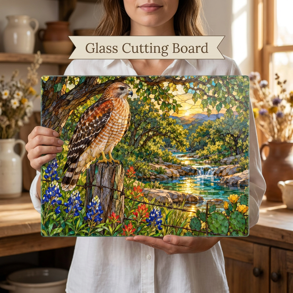 Red-Shouldered Hawk Glass Cutting Board, Bird Lover Kitchen Decor, Wildlife Art Chopping Board, Nature-Inspired Hostess Gift for Birdwatcher