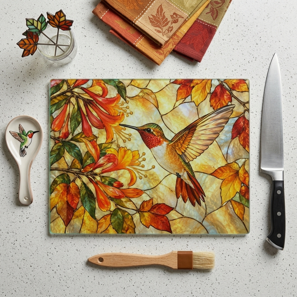 Hummingbird Cutting Board, Stained Glass Hummingbird Decor, Autumn Floral Kitchen Decor, Bird Lover Gift, Fall Hostess Gift