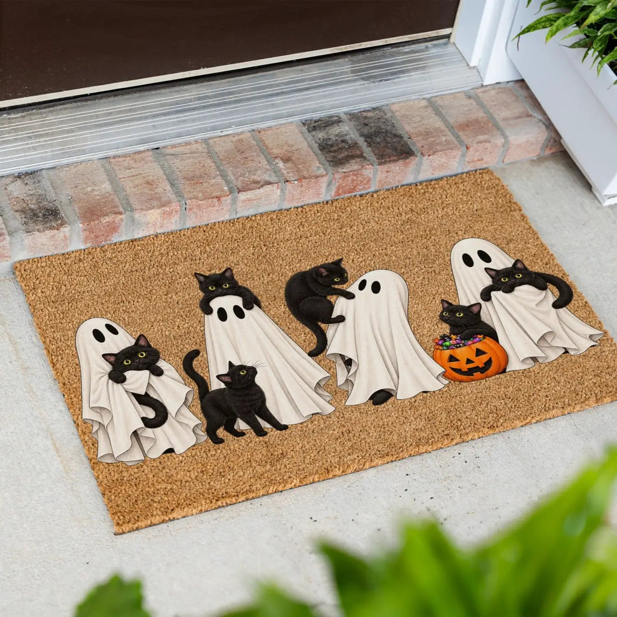 Halloween Black Cat Doormat, Cute Ghost Welcome Mat, Funny Cat Halloween Decor, Spooky Fall Porch Decor, Cat Lover Gift, Coir Door Mat