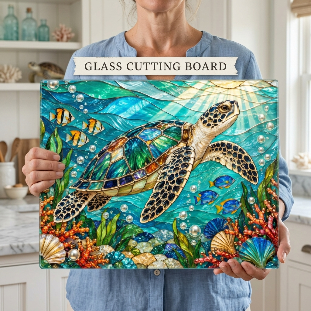 Sea Turtle Cutting Board, Ocean Kitchen Decor, Underwater Glass Chopping Board, Coastal Beach House Gift, Marine Life Kitchen Accent