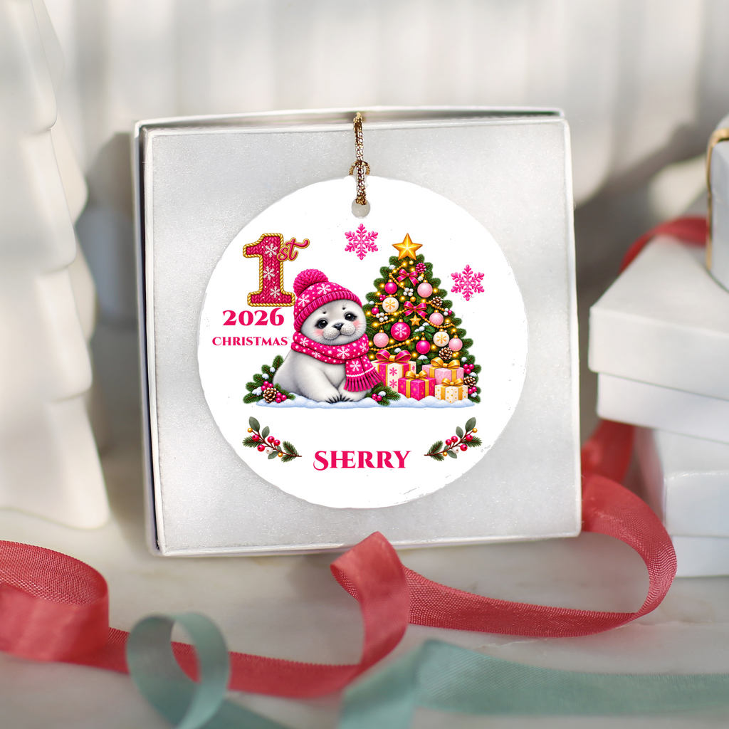 Baby Seal Pup Personalized Christmas Ornament, Custom Name Year Ceramic Keepsake, Baby’s 1st 2nd 3rd Christmas, Girl Gift