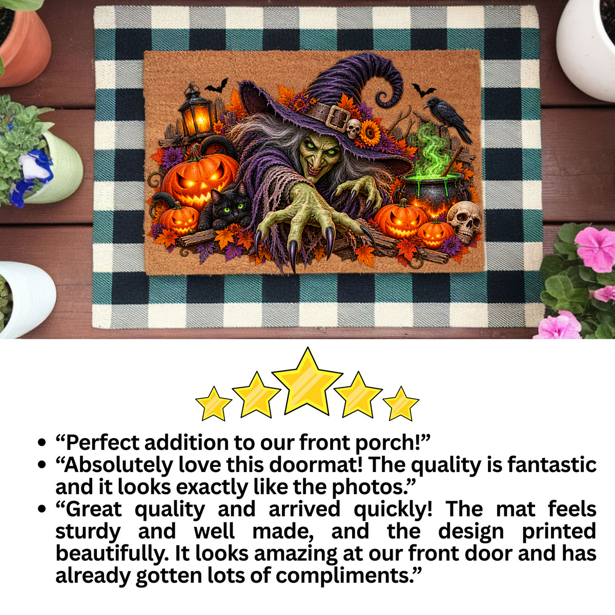 Horror Witch Doormat, Scary Halloween Coir Mat, Creepy Witch & Black Cat Welcome Mat, Pumpkin Porch Decor, Haunted House Door Mat