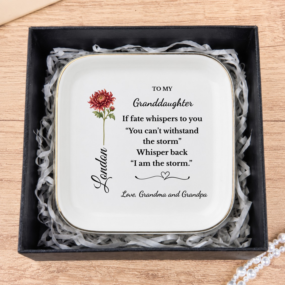 Personalized Birth Flower Jewelry Dish for Daughter or Granddaughter, I Am the Storm Quote, Custom Name Ring Dish, Inspirational Gift