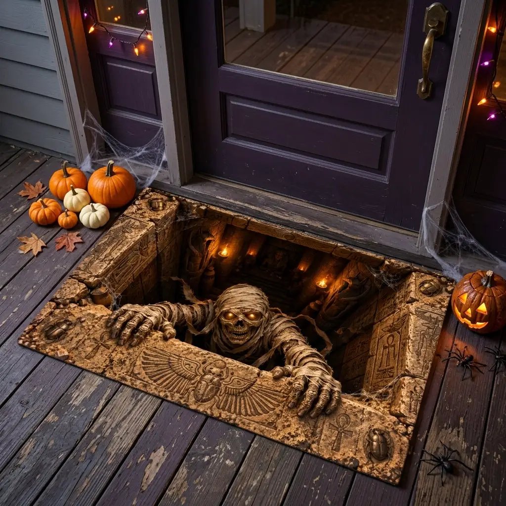 Mummy Halloween Doormat, 3D Egyptian Tomb Optical Illusion Mat, Creepy Mummy Door Mat, Haunted Halloween Porch Decor