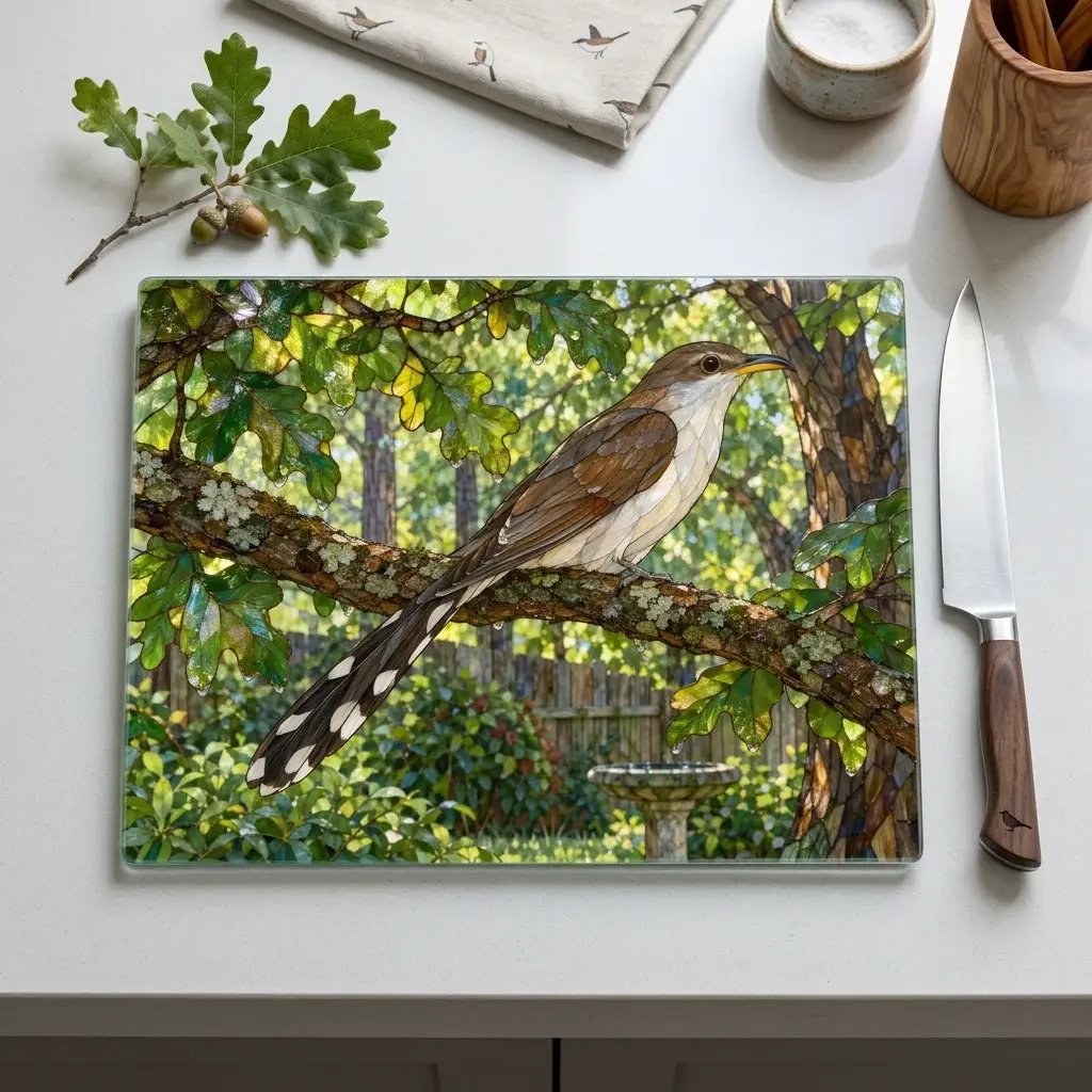 Yellow Billed Cuckoo Glass Cutting Board, Backyard Bird Kitchen Decor, Birdwatcher Gift, Bird Lover Gift, Woodland Serving Board