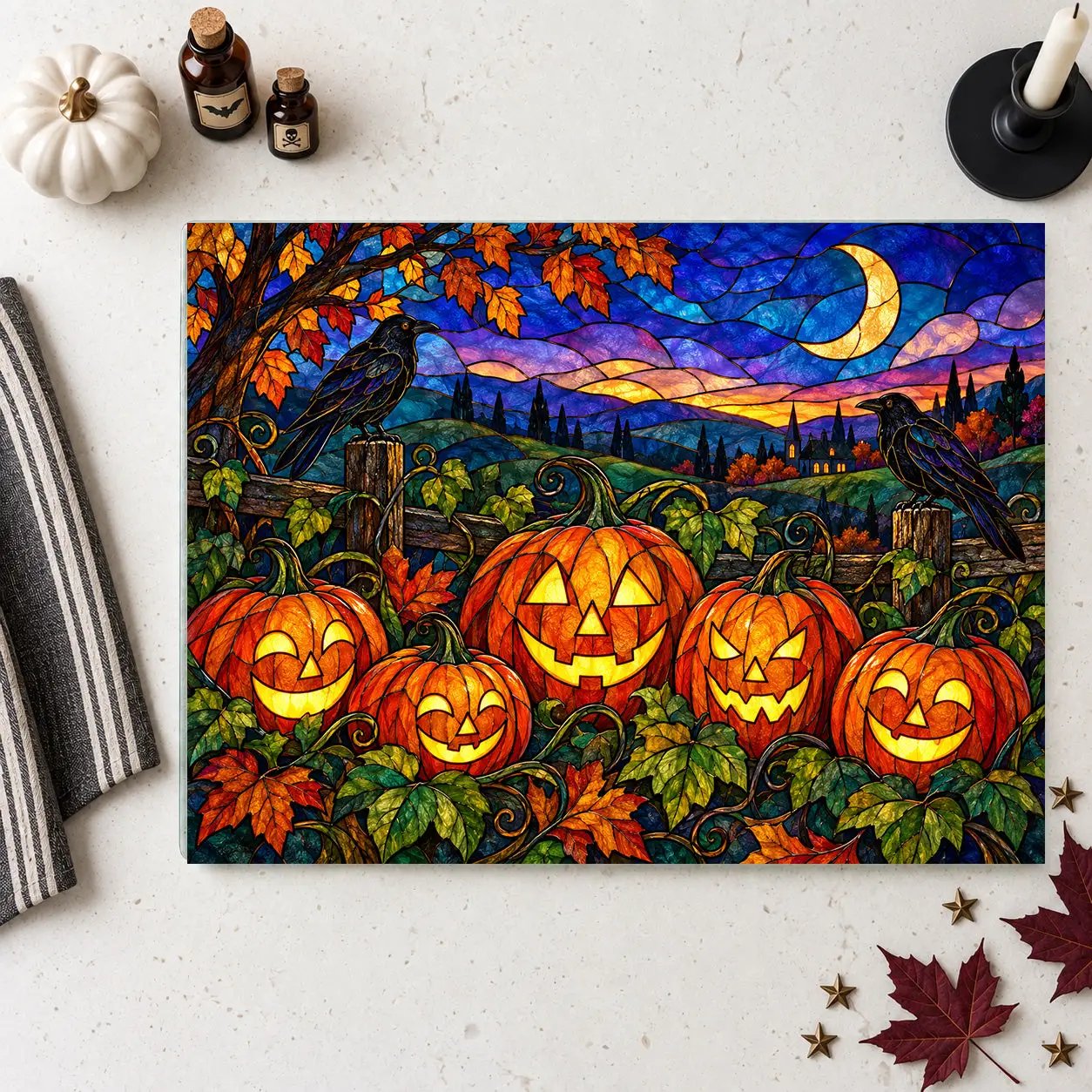 Halloween Black Witch Cat Personalized Glass Cutting Board, Spooky Pumpkin Kitchen Decor