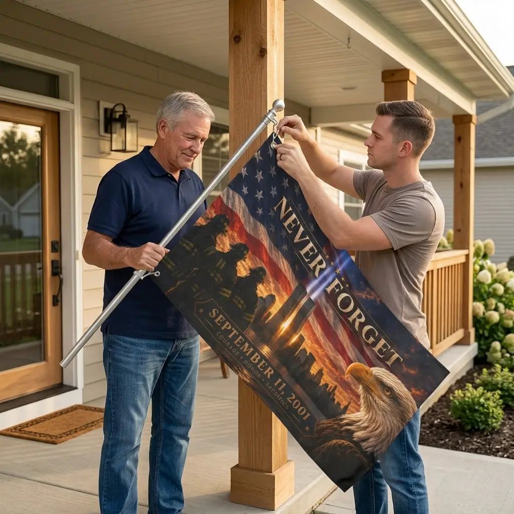 Twin Towers Patriotic Remembrance Flag, 9/11 Memorial Decor, Never Forget Double Sided Flag, September 11 Firefighter Tribute,