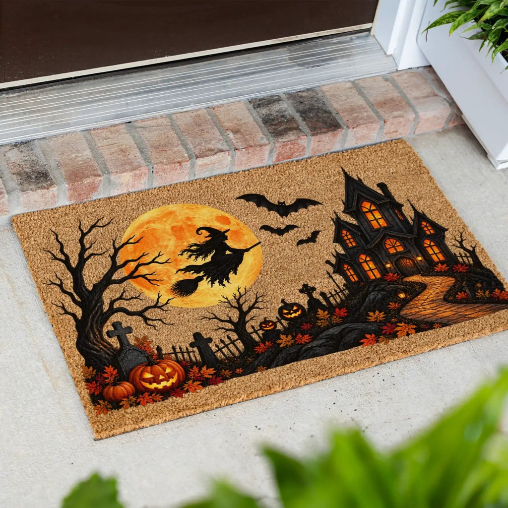 Halloween Witch Doormat, Haunted House Coir Welcome Mat, Spooky Graveyard Porch Decor, Full Moon Halloween Door Mat, Fall Entryway Decor