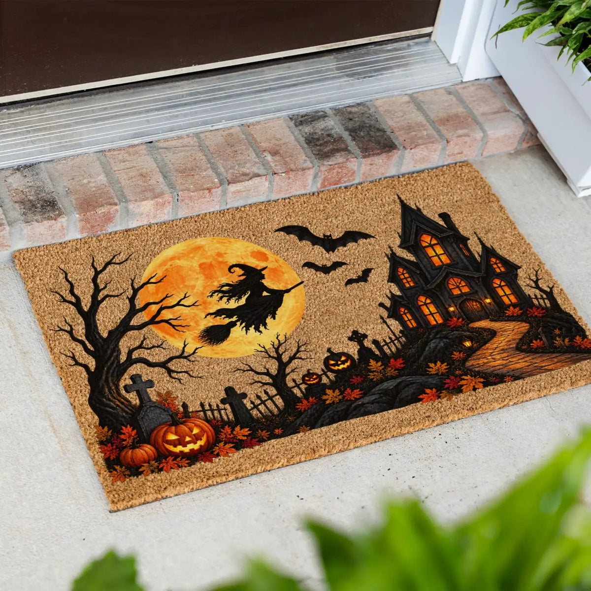 Halloween Witch Doormat, Haunted House Coir Welcome Mat, Spooky Graveyard Porch Decor, Full Moon Halloween Door Mat, Fall Entryway Decor