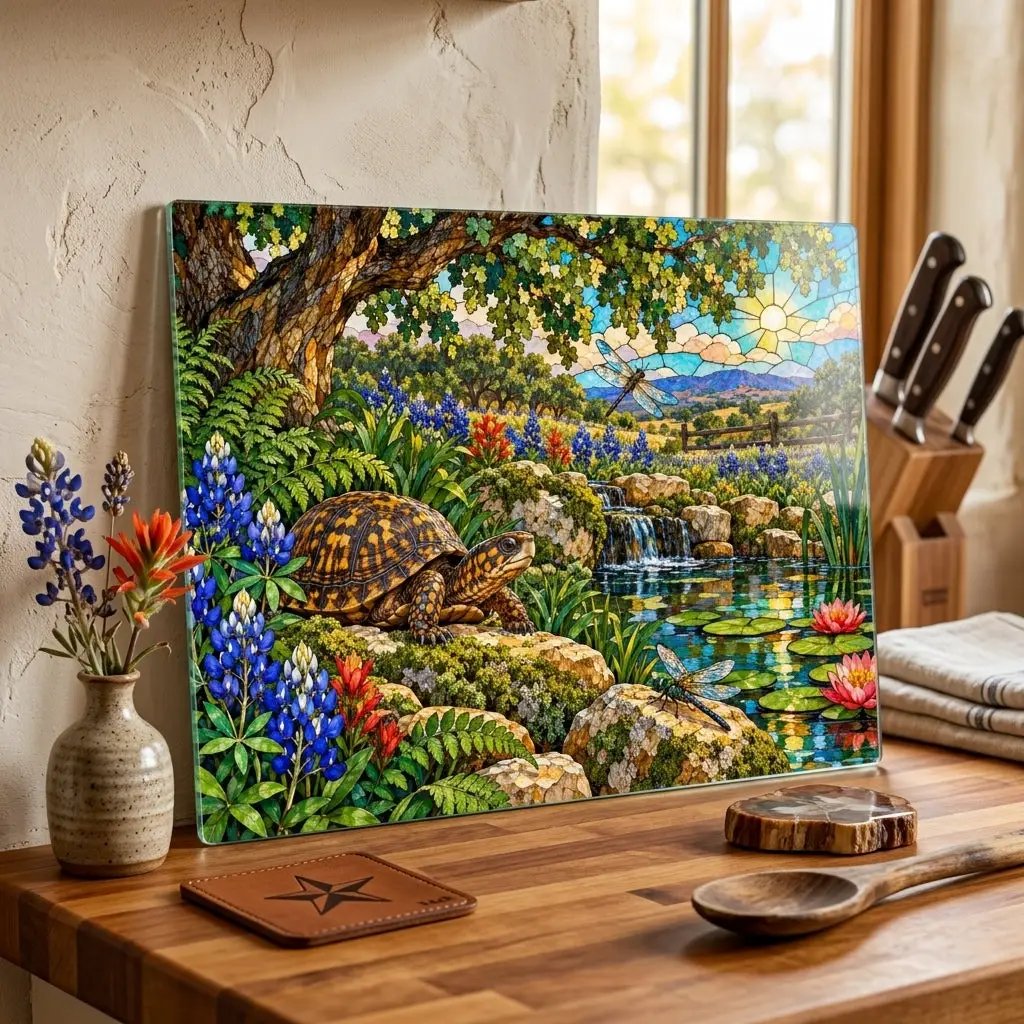Box Turtle Glass Cutting Board, Texas Bluebonnet Kitchen Decor, Turtle and Dragonfly Gift, Wildlife Garden Cutting Board, Nature Decor