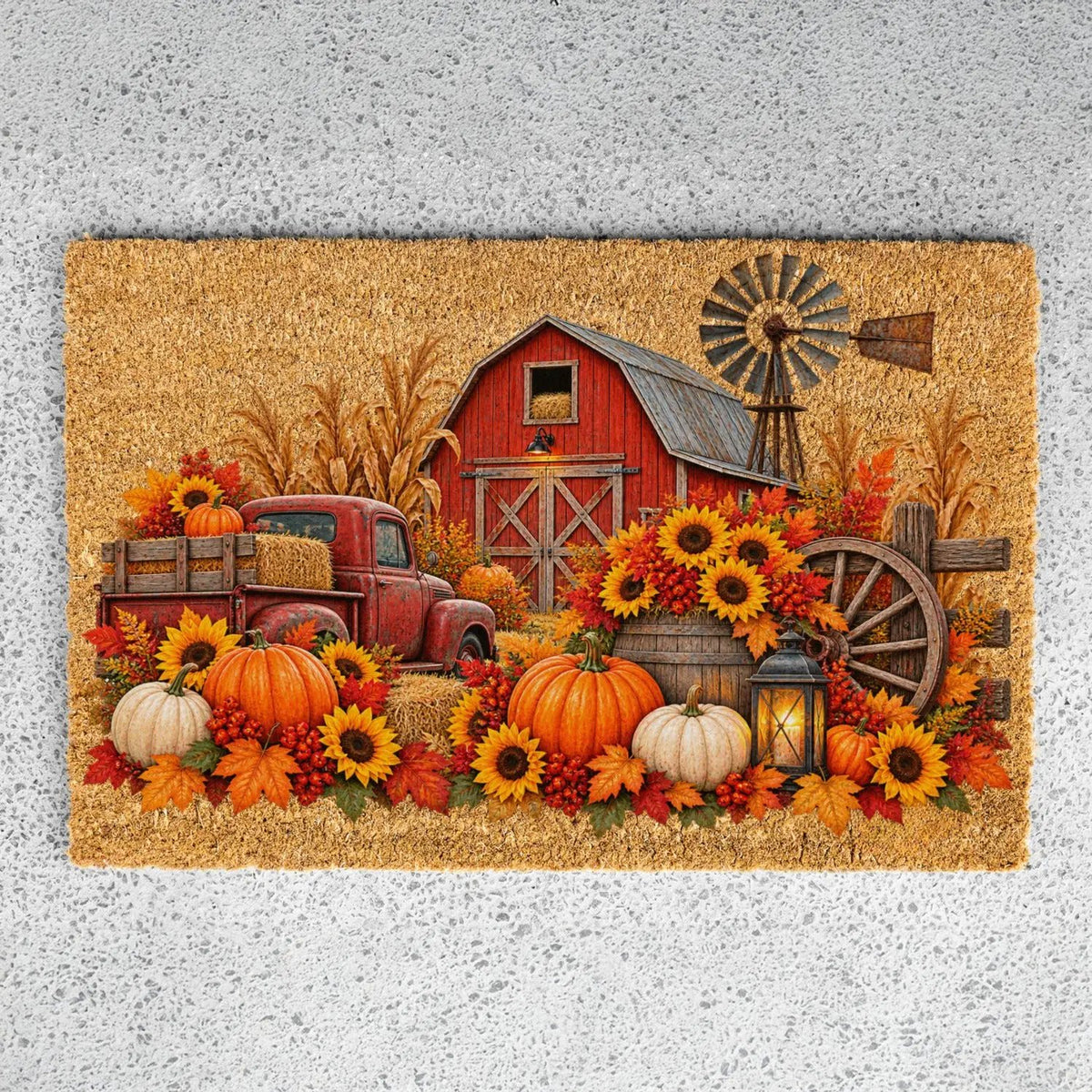 Fall Farmhouse Doormat, Country Barn Coir Mat, Pumpkin Harvest Welcome Mat, Rustic Autumn Porch Decor, Farmhouse Fall Door Mat