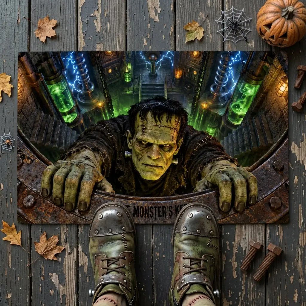 Frankenstein 3D Illusion Doormat, Mad Scientist Laboratory Halloween Door Mat, Monster Welcome Mat, Spooky Halloween Porch Decor