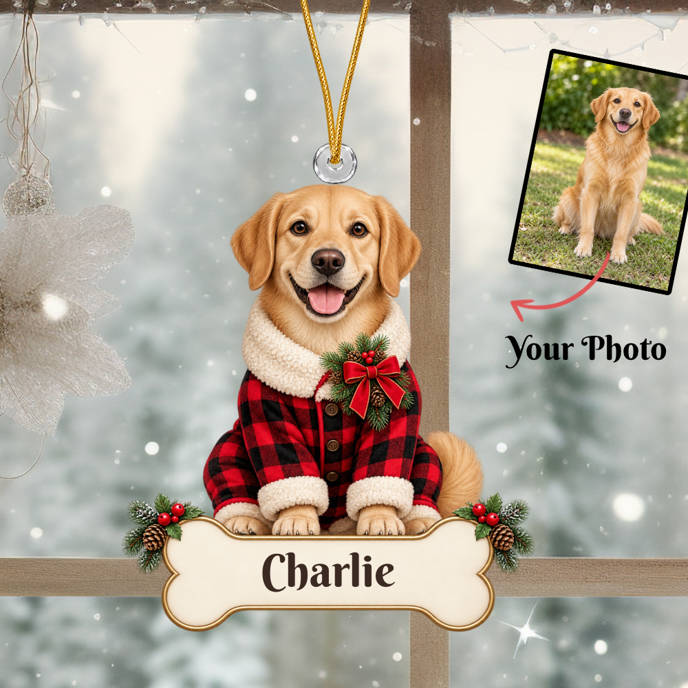 Personalized Dog Buffalo Plaid Pajamas Christmas Ornament from Photo, Custom Pet Portrait Acrylic Ornament, Rustic Holiday Dog Lover Gift