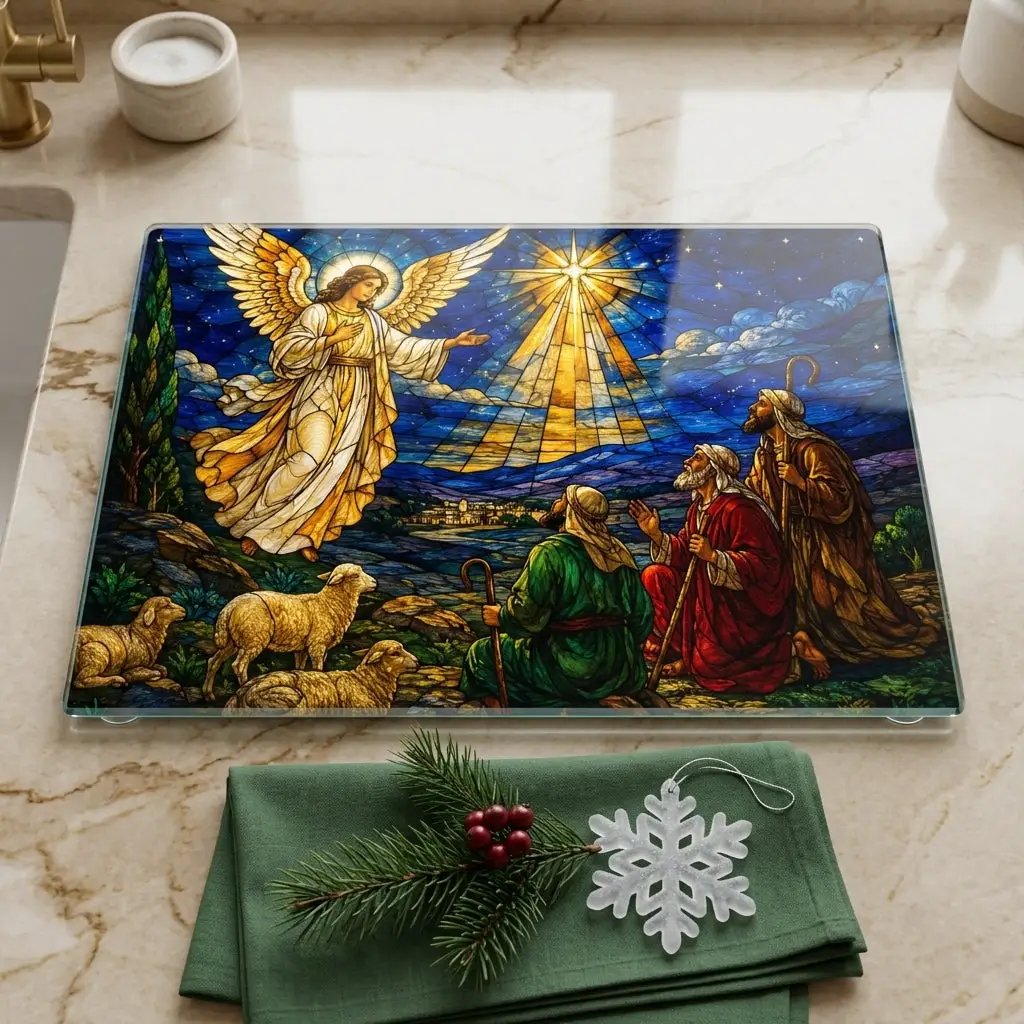 Angel and Shepherds Glass Cutting Board, Christian Christmas Gift, Nativity Kitchen Decor, Religious Christmas Decor, Stained Glass Art
