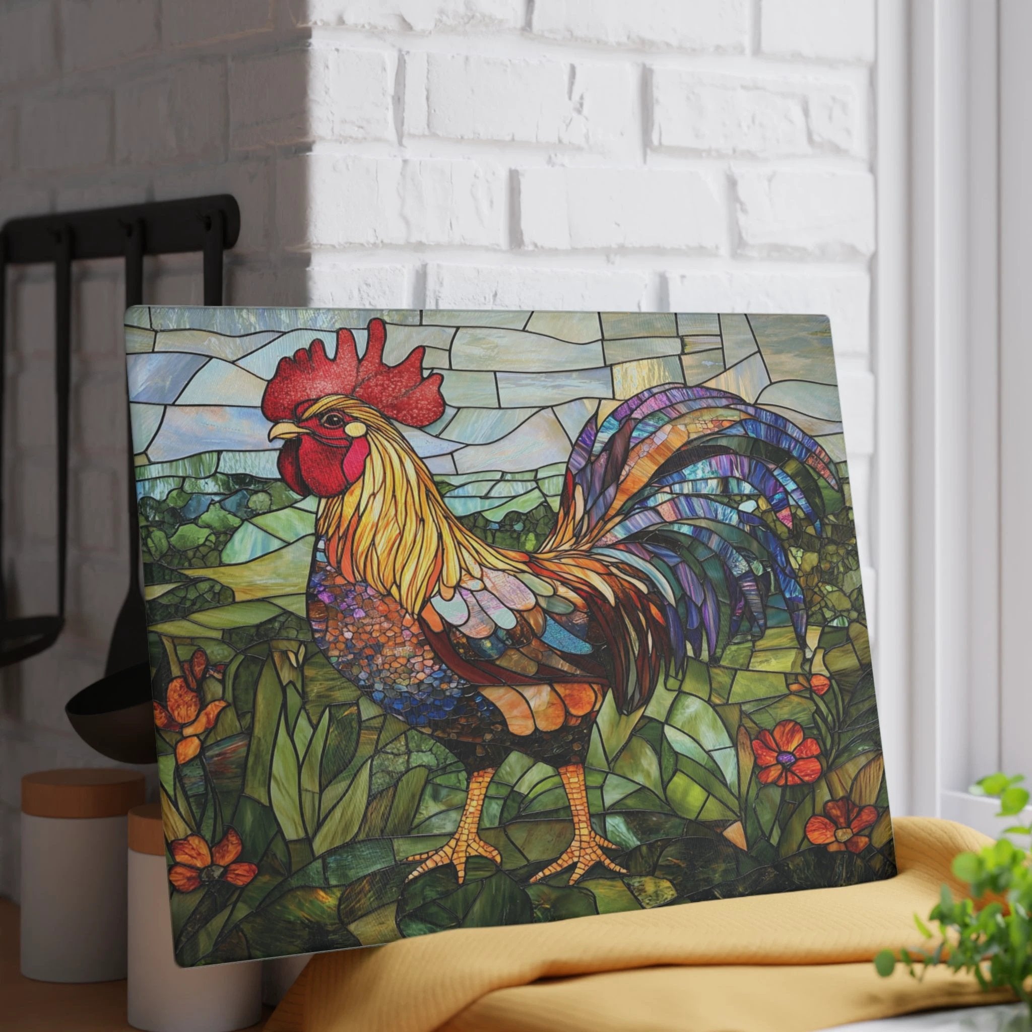 Rooster Mosaic Glass Cutting Board – Colorful Stained-Glass Kitchen Decor