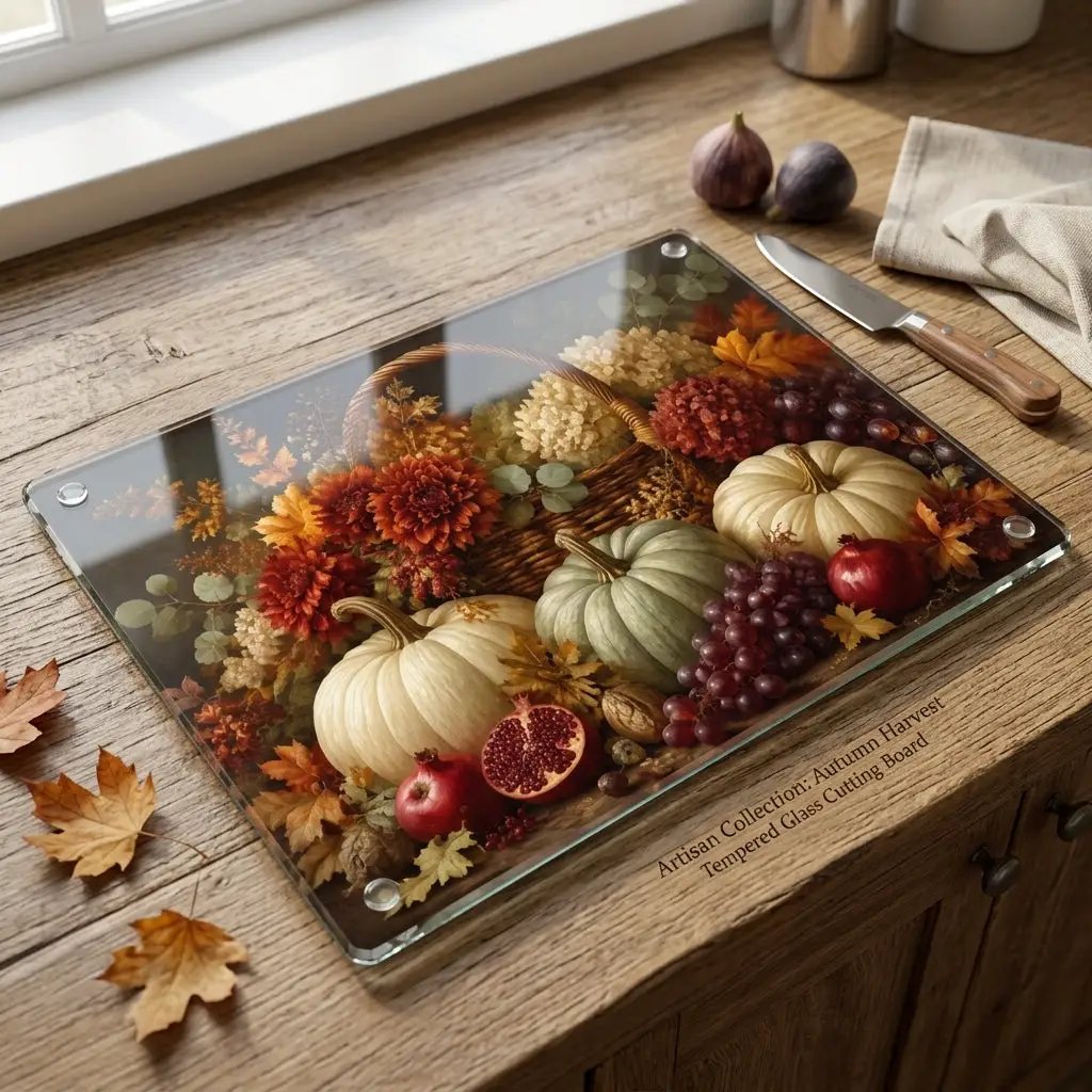 White Pumpkin Glass Cutting Board, Elegant Fall Kitchen Decor, Autumn Floral Cutting Board, Thanksgiving Hostess Gift