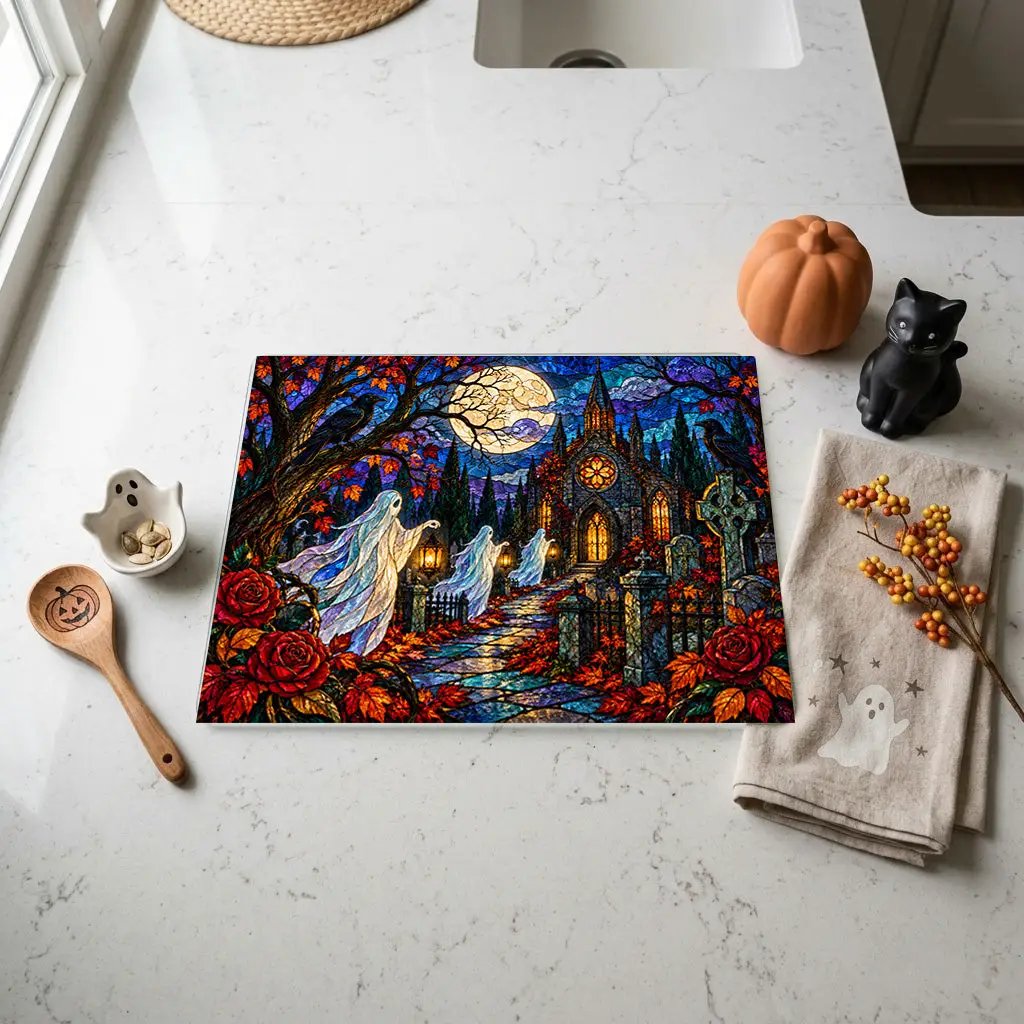 Halloween Ghosts Personalized Glass Cutting Board, Spooky Pumpkin Kitchen Decor