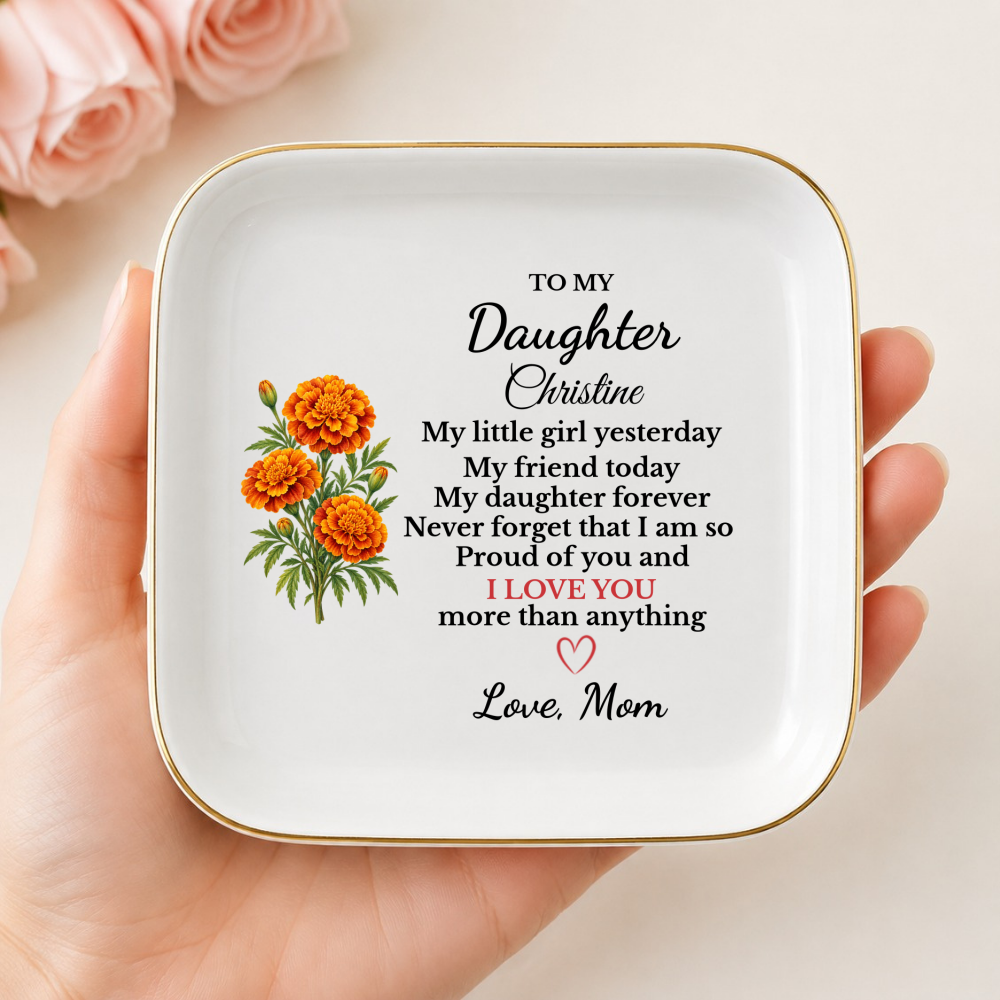 Personalized Daughter Birth Flower Jewelry Dish, Custom Name Trinket Tray, Sentimental Gift from Mom, Birthday Gift for Adult Daughter