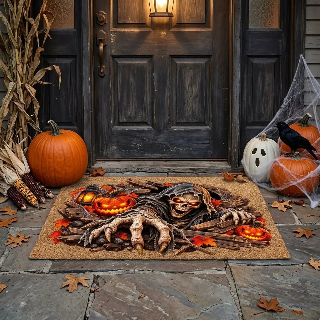 Horror Skeleton Doormat, Grim Reaper Halloween Coir Mat, Creepy Skeleton Welcome Mat, Scary Pumpkin Porch Decor, Haunted Door Mat