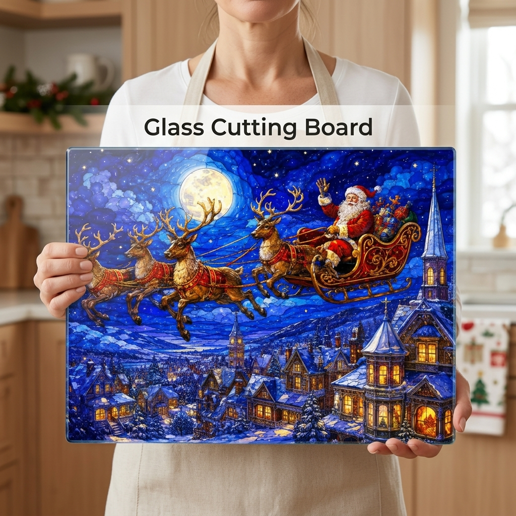 Santa Sleigh Glass Cutting Board, Reindeer Christmas Kitchen Decor, Christmas Eve Serving Board, Stained Glass Santa Gift, Holiday Decor