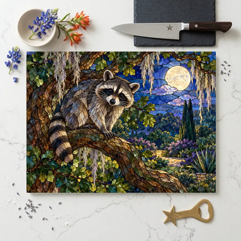 Raccoon Glass Cutting Board, Woodland Kitchen Decor, Moonlit Forest Chopping Board, Wildlife Lover Gift, Rustic Nature Kitchen Accent