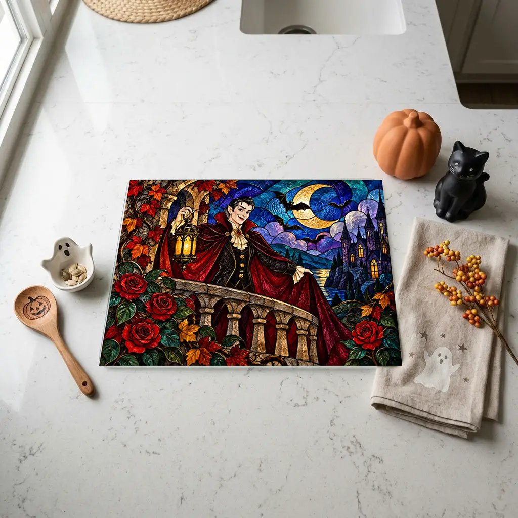 Halloween Dracula Personalized Glass Cutting Board, Spooky Vampire Kitchen Decor