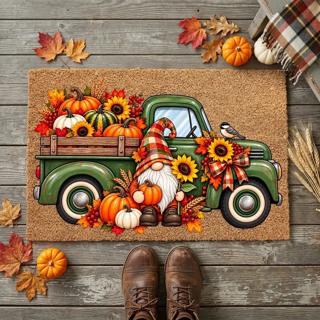 Fall Gnome Doormat, Vintage Green Truck Welcome Mat, Autumn Pumpkin Coir Doormat, Farmhouse Fall Porch Decor, Harvest Door Mat
