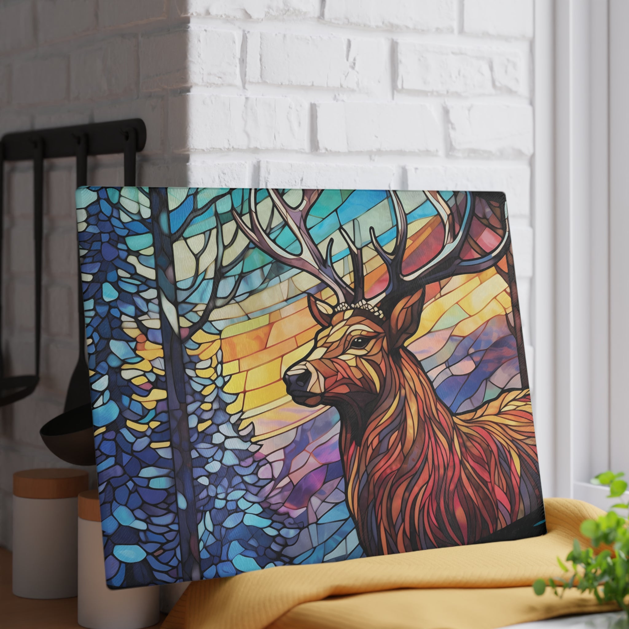 Stained Glass Stag Glass Cutting Board — Colorful Woodland Kitchen Decor