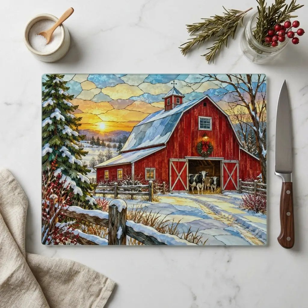 Christmas Red Barn Glass Cutting Board, Winter Farmhouse Decor, Cow Christmas Gift, Country Kitchen Decor, Farmhouse Holiday Gift