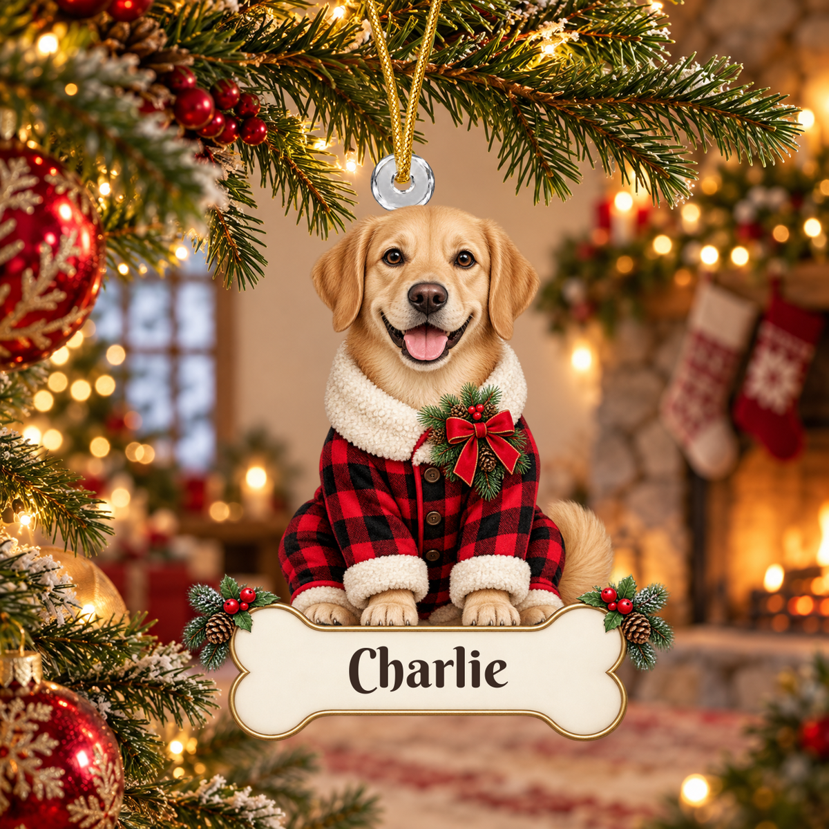 Personalized Dog Buffalo Plaid Pajamas Christmas Ornament from Photo, Custom Pet Portrait Acrylic Ornament, Rustic Holiday Dog Lover Gift
