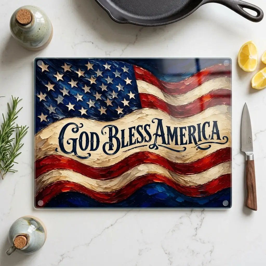 God Bless America Cutting Board, American Flag Glass Cutting Board, Patriotic Kitchen Decor, Christian USA Gift, Americana Home Decor