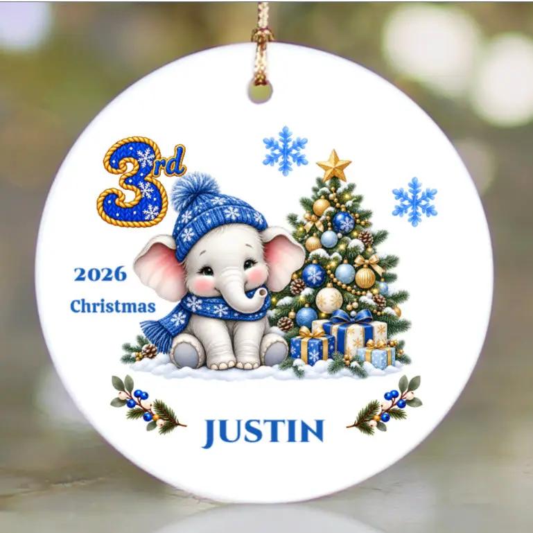 Elephant Baby Personalized Christmas Ornament, Baby's 1st 2nd 3rd Christmas, Custom Name Year Ceramic Keepsake, Girl Gift