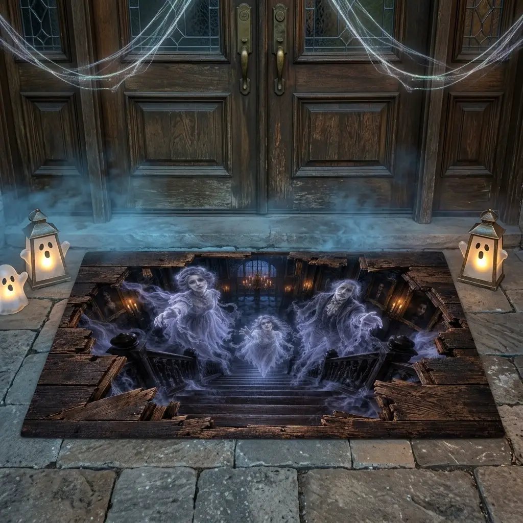 Victorian Ghost 3D Optical Illusion Doormat, Haunted Staircase Floor Mat, Gothic Haunted House Door Mat, Halloween Decor