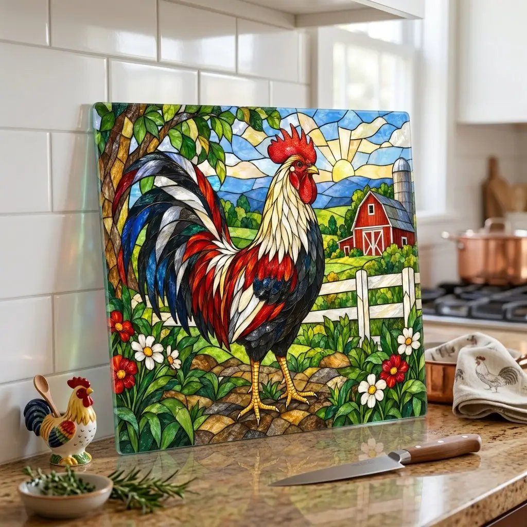 Rooster Glass Cutting Board, Red Barn Farmhouse Kitchen Decor, Country Rooster Art, Stained Glass Farm Decor, Rustic Kitchen Gift