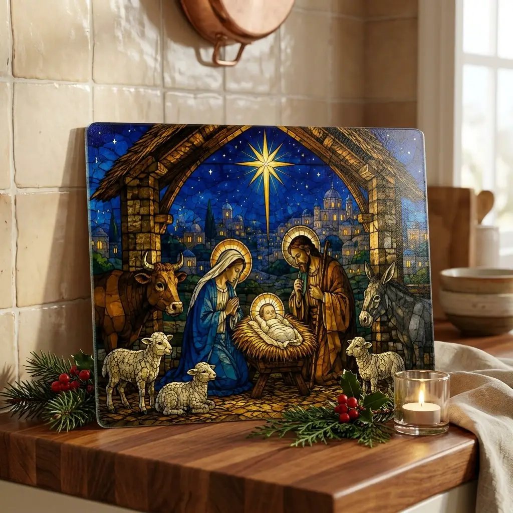 Nativity Glass Cutting Board, Stained Glass Christmas Decor, Holy Family Christian Kitchen Gift, Religious Christmas Cutting Board