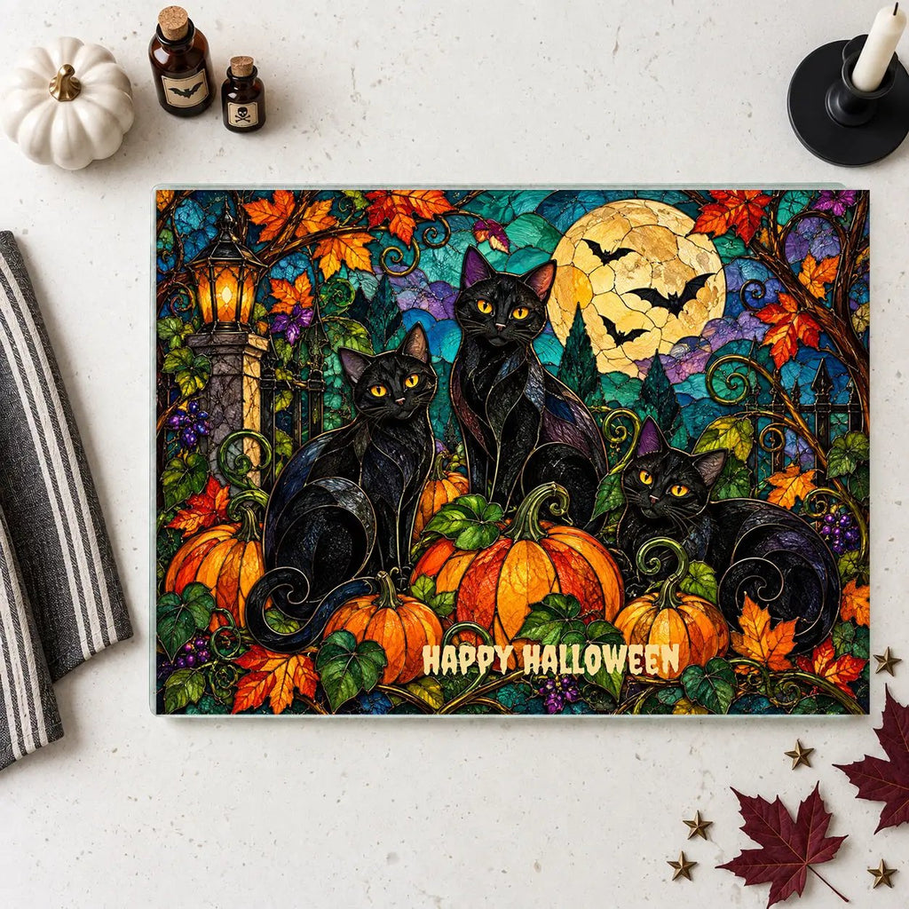 Halloween Black Cats Personalized Glass Cutting Board, Spooky Pumpkin Kitchen Decor