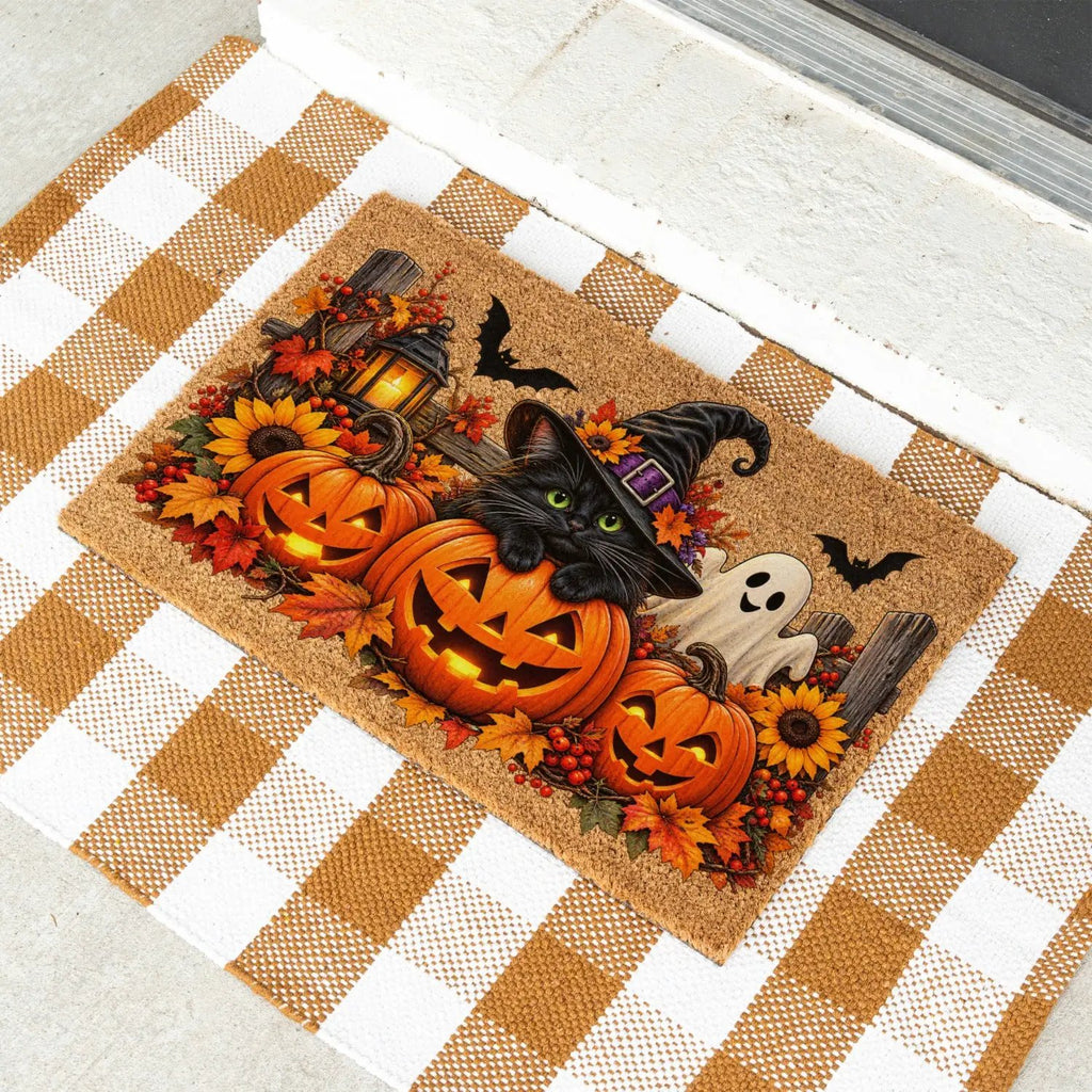 Halloween Cat Doormat, Black Cat Pumpkin Coir Mat, Cute Ghost Welcome Mat, Witch Cat Fall Porch Decor, Spooky Halloween Door Mat