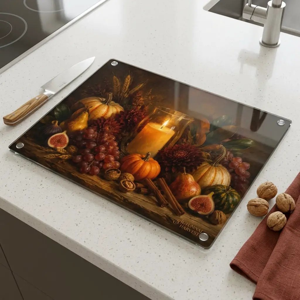 Fall Candle Glass Cutting Board, Cozy Autumn Kitchen Decor, Pumpkin Harvest Cutting Board, Thanksgiving Hostess Gift