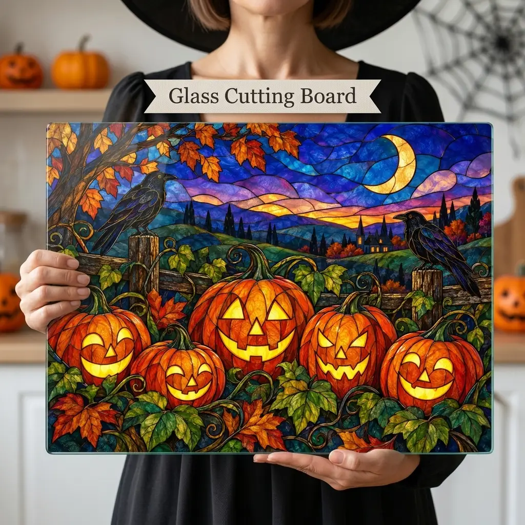 Halloween Jack O Lantern Personalized Glass Cutting Board, Spooky Pumpkin Patch Kitchen Decor