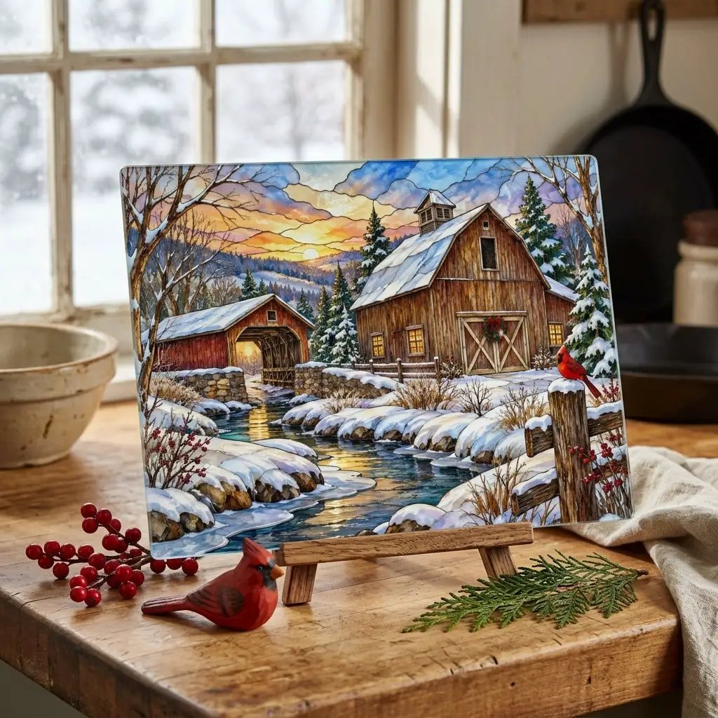 Cardinal Creek Winter Barn Glass Cutting Board, Red Cardinal Farmhouse Kitchen Decor, Country Christmas Gift