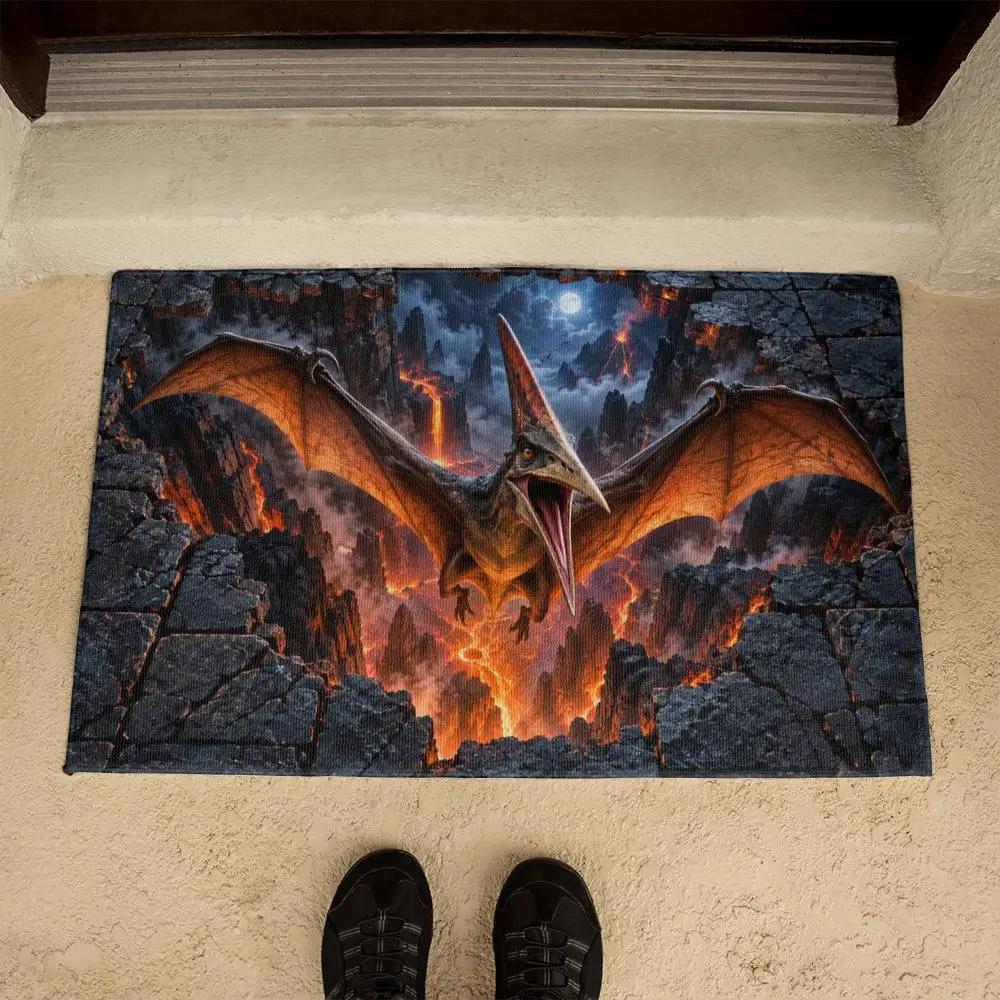Pterodactyl 3D Optical Illusion Doormat, Volcanic Chasm Dinosaur Floor Mat, Prehistoric Flying Reptile Door Mat, Dino Gift